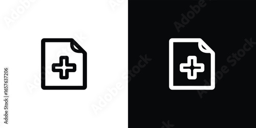 Simple medical document icon with plus sign on white and black backgrounds