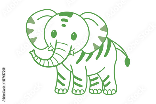 Playful cartoon elephant with a delightful green outline playfully elevates its trunk