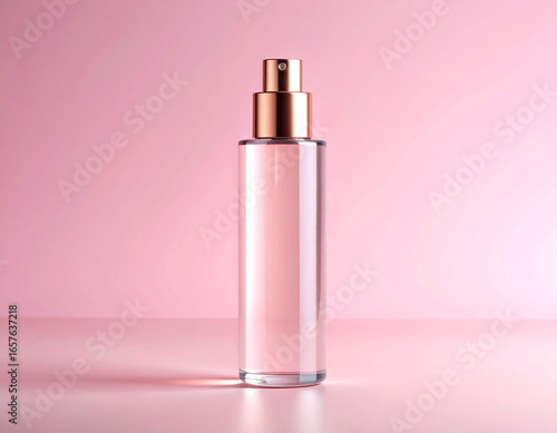 Elegant Glass Perfume Bottle with Rose Gold Cap on a Soft Pink Gradient Background.