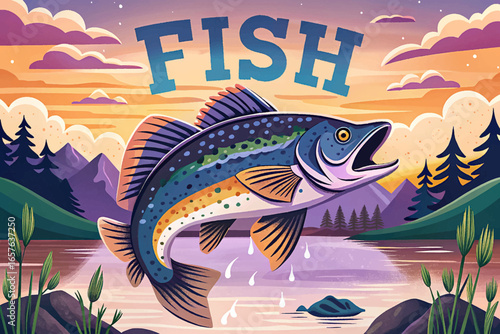 A vibrant fishing banner captures a fish mid-leap from tranquil waters, symbolizing outdoor adventure, fishing excitement, nature’s beauty, and the joy of scenic angling locations.