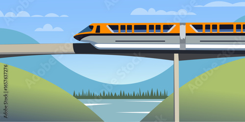 Flat vector web illustration on the theme of travel by train, steam locomotive, vacation, mountain landscape, railway, adventure. Sunny day. The bridge across the river. 