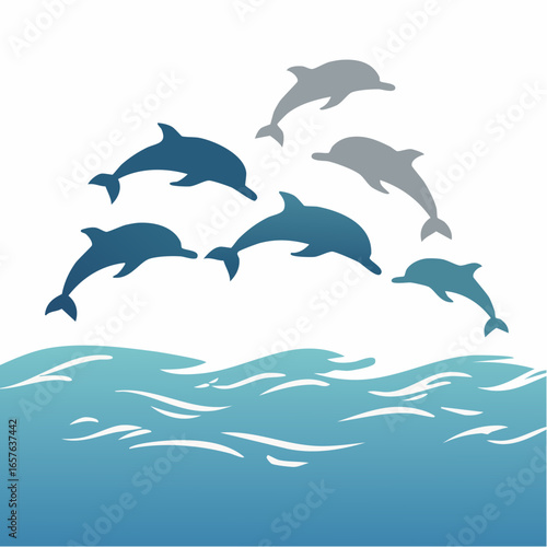 Pod of dolphins jumping over waves in the sea, blue silhouettes