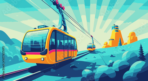 A vibrant illustration of a yellow funicular ascending a scenic mountain landscape.