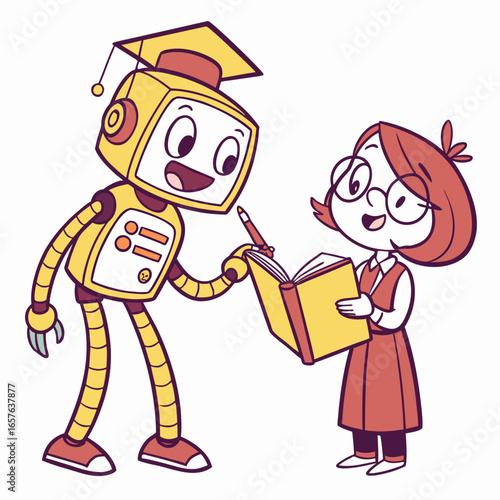 Robot teaching girl with book and graduation cap learning education