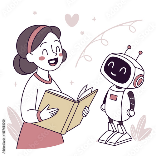 Woman reading book to happy robot learning