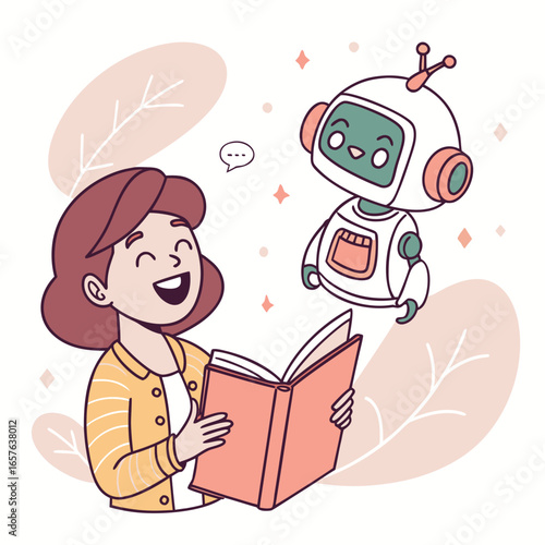 Cheerful girl reading book with friendly robot companion flat vector smiling woman