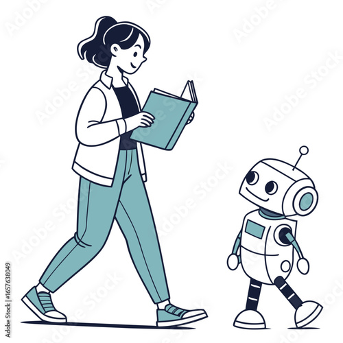 Woman reading book with robot companion vector