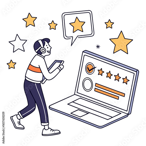 Person with headphones interacting with laptop showing star ratings stars