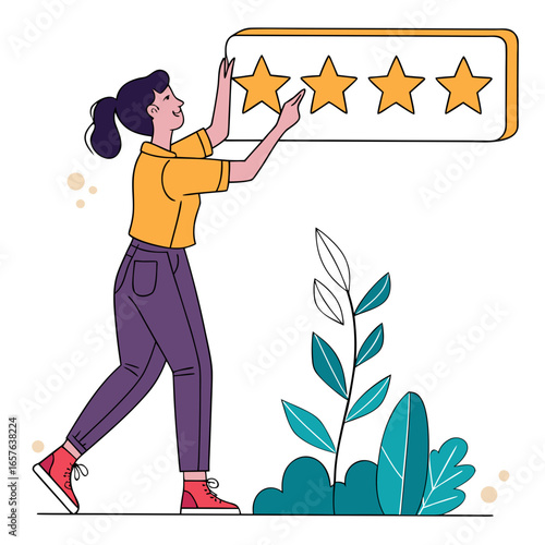 Woman rating stars on white background feedback review