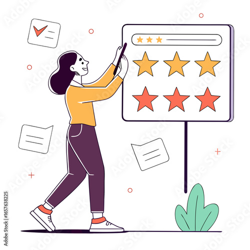 Woman reviewing star ratings on a digital display stars feedback
