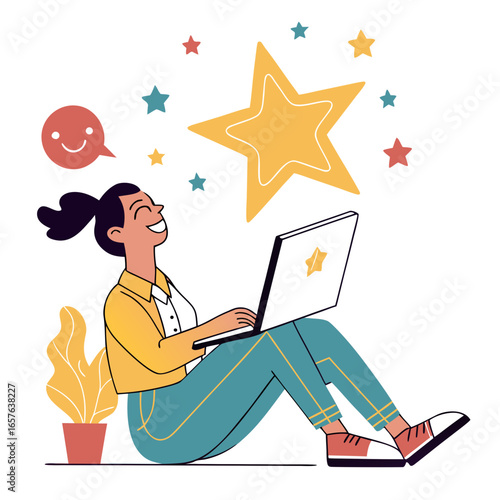 Happy woman with laptop and stars review