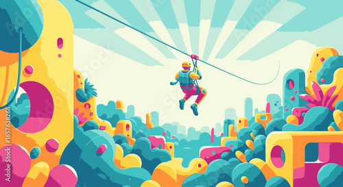 An adventurous person enjoys a thrilling zip line ride over a vibrant, abstract cityscape illustration.