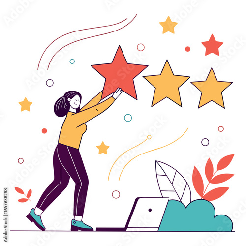 Woman placing star rating evaluation feedback