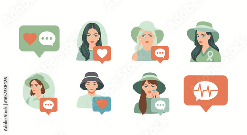 Set of female user avatars with social media notification icons like hearts, comments, and activity status.