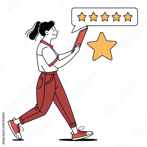 Woman reviewing online services with star rating stars