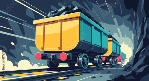 An illustration of a coal train with yellow and teal freight cars emerging from a dark mine tunnel.