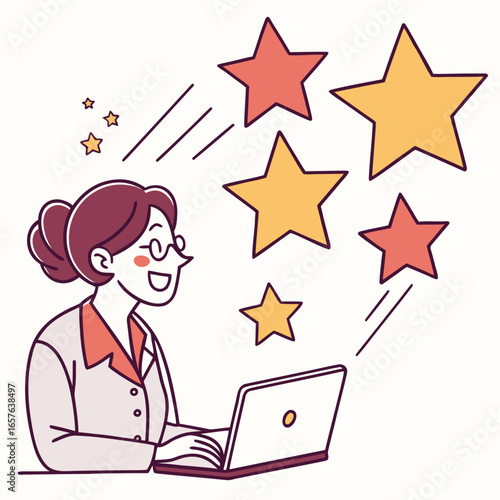 Cheerful woman giving positive feedback with stars cartoon