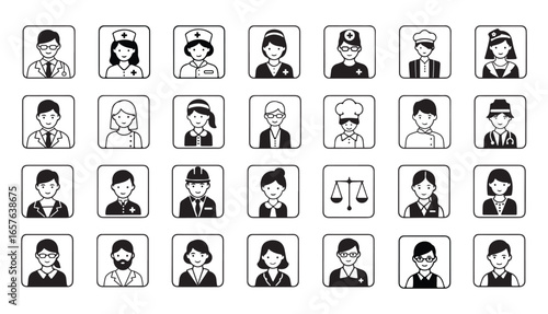 Profession Avatar Set, Career Roles in Square Frames, Flat Vector Icons of Diverse Professions in Grid Layout

