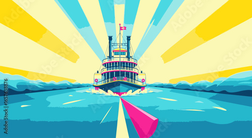 A colorful, graphic illustration of a classic paddle steamboat sailing down a river with vibrant sun rays radiating in the background.