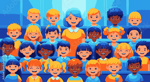 Illustration of a smiling teacher surrounded by a large, diverse class of happy children.