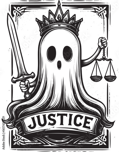 Justice Tarot Card Ghost Holding Scales and Wearing Crown