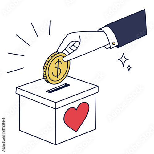 Hand dropping golden coin into donation box with heart vector