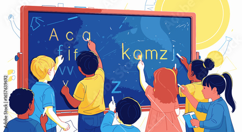 A diverse group of young students learning the alphabet together at a chalkboard.
