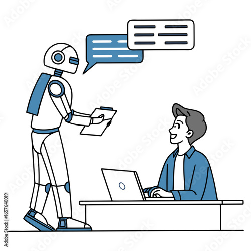 Robot assisting man with laptop and documents artificial intelligence employee