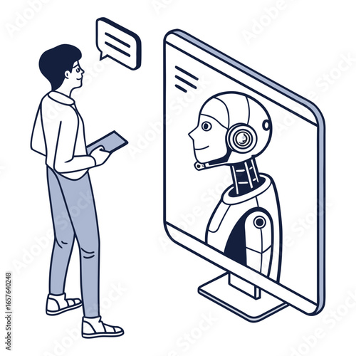 Human interacting with robot on screen artificial intelligence communication