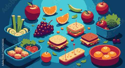 A vibrant illustration of healthy packed lunch options, featuring sandwiches, fresh fruits like apples and oranges, and vegetables.