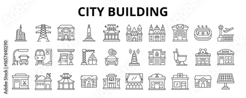 30 City Building Line Icons Vector - Skyscraper, Monument, Airport, Cathedral, Bus Station, Beauty Salon, Pharmacy