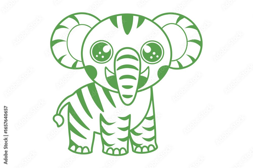 Obraz premium The smiling green elephant cartoon character has cute features and playful striped pattern
