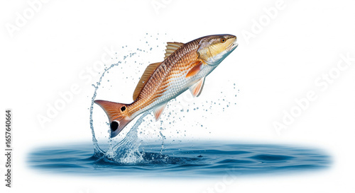 Vibrant Red Drum Fish Jumping Energetically Out of Water with Splash on Isolated transparent background