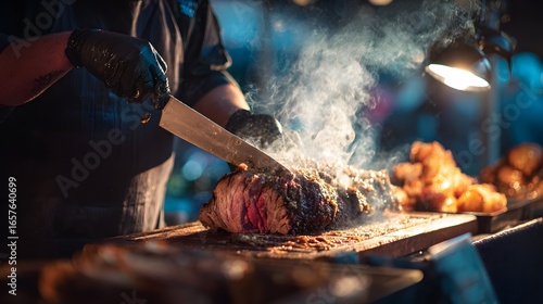 A Chef Carving Roasted Beef at a Live Cooking Station