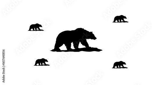 Zoom in and out animation the wild bear symbol. Large black symbol in the center and four small symbols around. Seamless looped 4k animation on white background