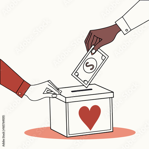 Hands donating money into a box with heart donation