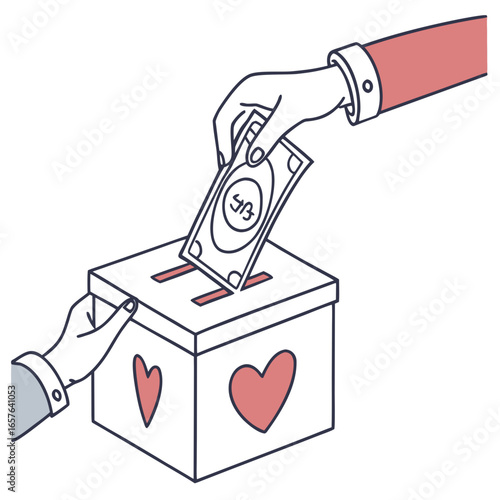 Hands donating money into a box with hearts donation giving