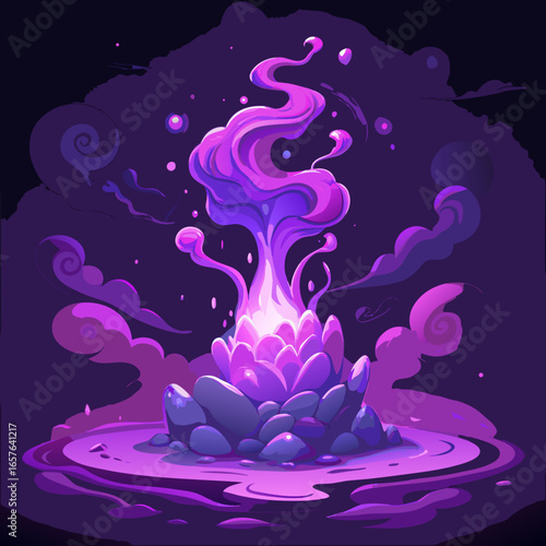 Mystical purple magical energy erupting from glowing crystalline rocks in a dark fantasy landscape
