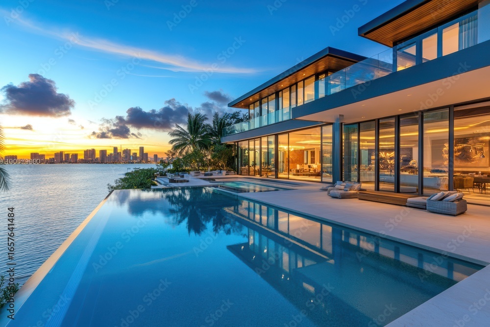 Fototapeta premium Luxurious Waterfront Residence with Infinity Pool and Stunning City Skyline View at Sunset