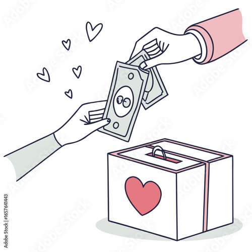 Giving money to charity box with heart donation hands