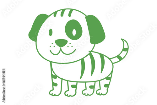 Green outline of a spotted and striped cartoon dog happily stands alone today