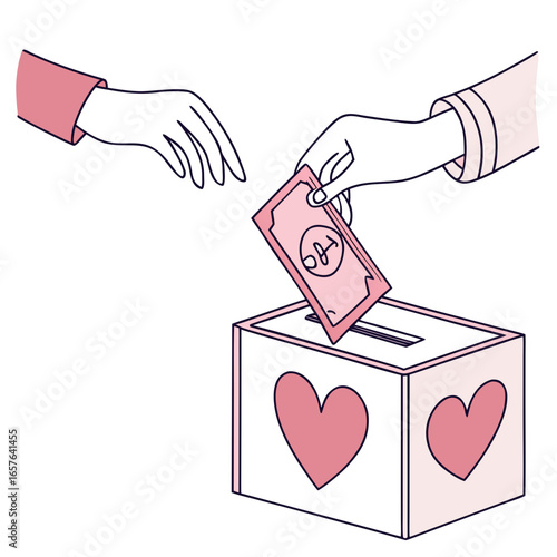 Pink hands donating money into heart box donation giving