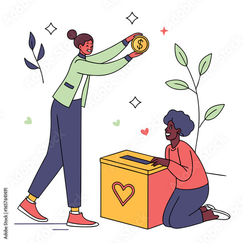 People donating money to charity box with heart donation giving