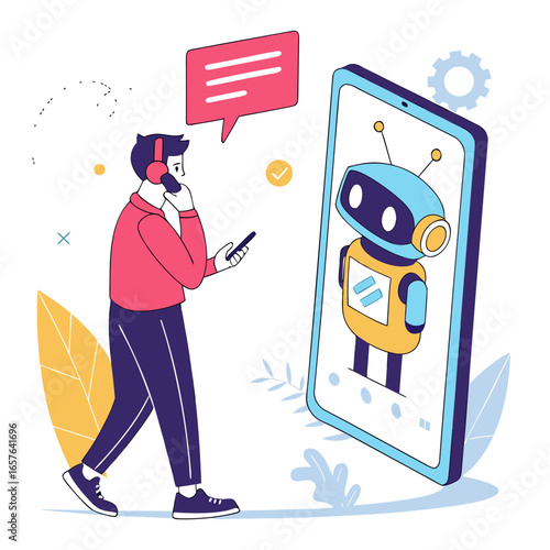 Man interacting with A I chatbot on smartphone AI chatbot communication