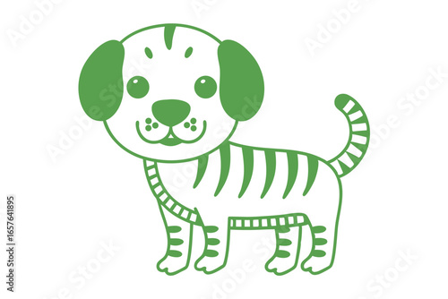 Green cartoon dog with tiger stripes and a collar happily stands on white