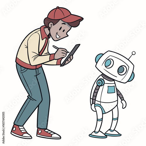 Person writing on tablet near robot technology