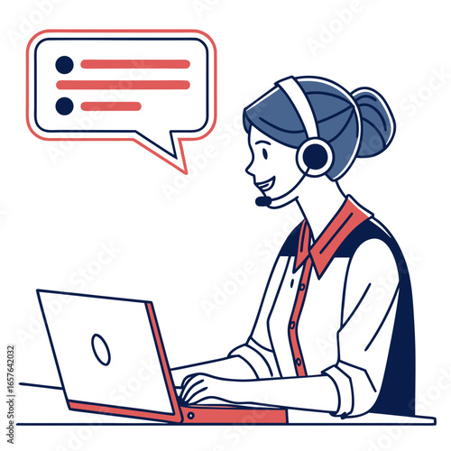 Woman with headset typing on laptop and speech bubble vector