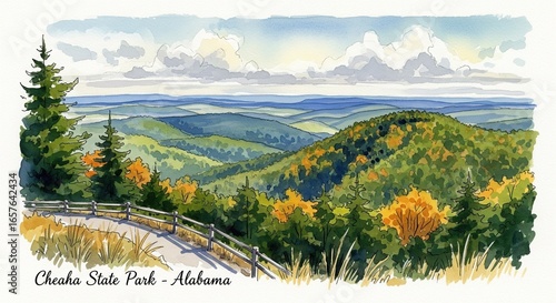 Digital art painting of Cheaha State Park's modern structures and landmarks in watercolor and text style for displays, wallpapers and more