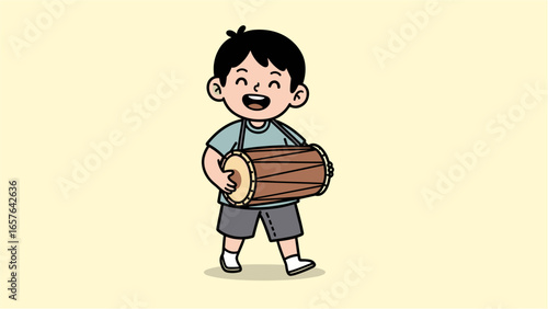 Joyful cartoon boy happily playing a traditional wooden drum, showcasing cultural music and childhood fun.