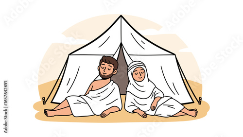 Muslim Couple Resting in Tent at mina, Hajj Pilgrimage Illustration